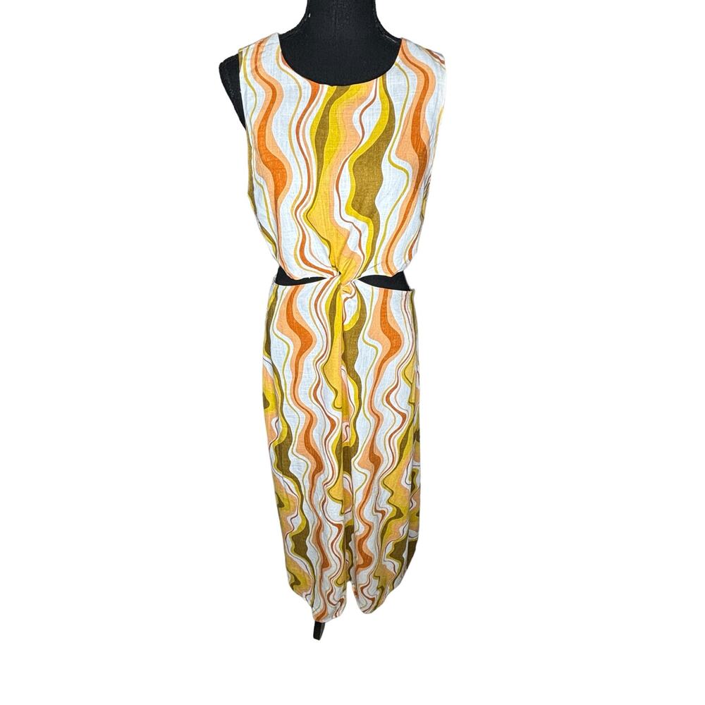 MINKPINK NWT Ziggy 70s Cut Out Midi Dress Size M Abstract Print Viscose Linen - Picture 2 of 12
